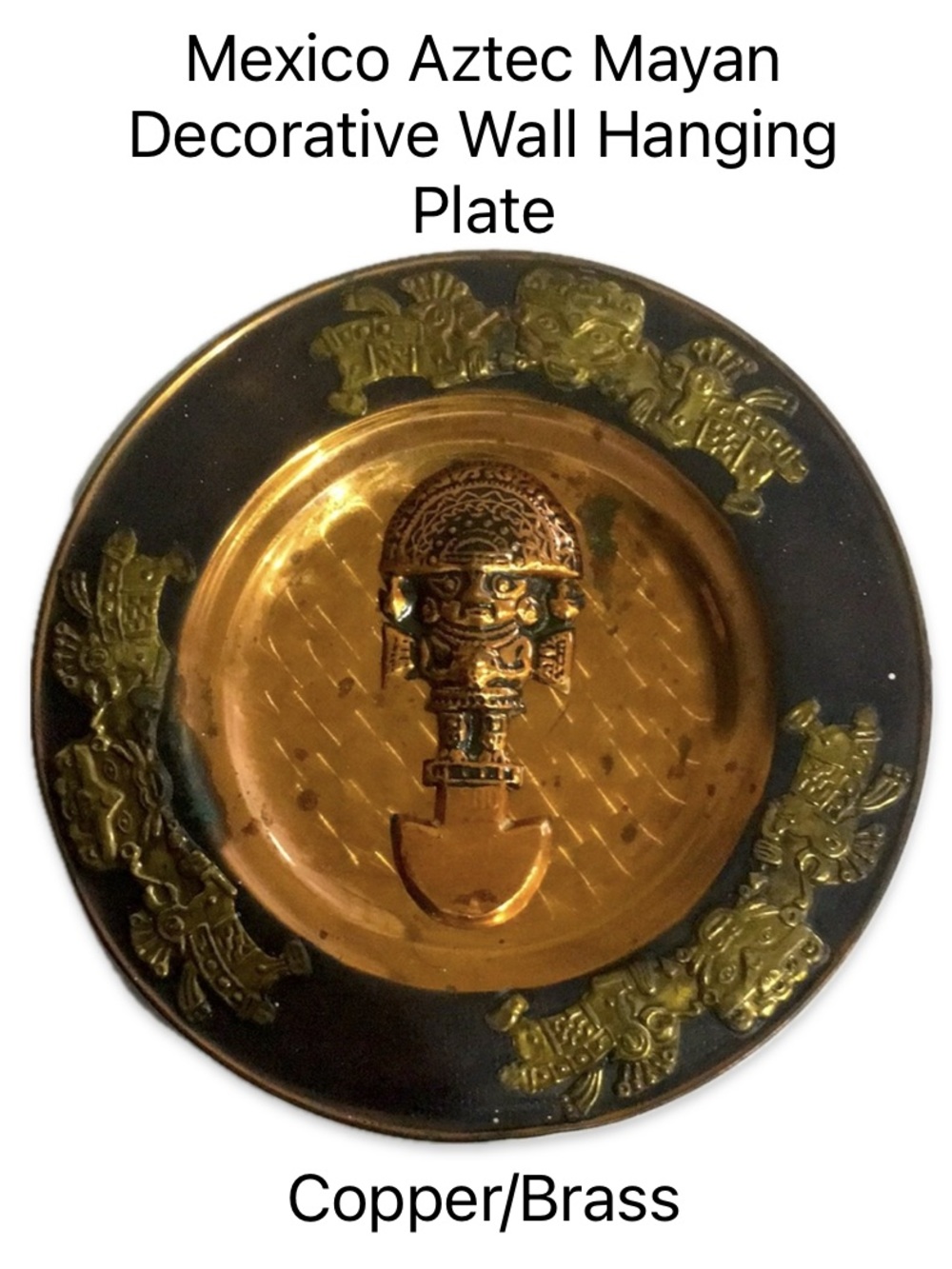 Vintage Mexico Aztec Mayan Copper Brass Wall Hanging Plate Decor 8.5”